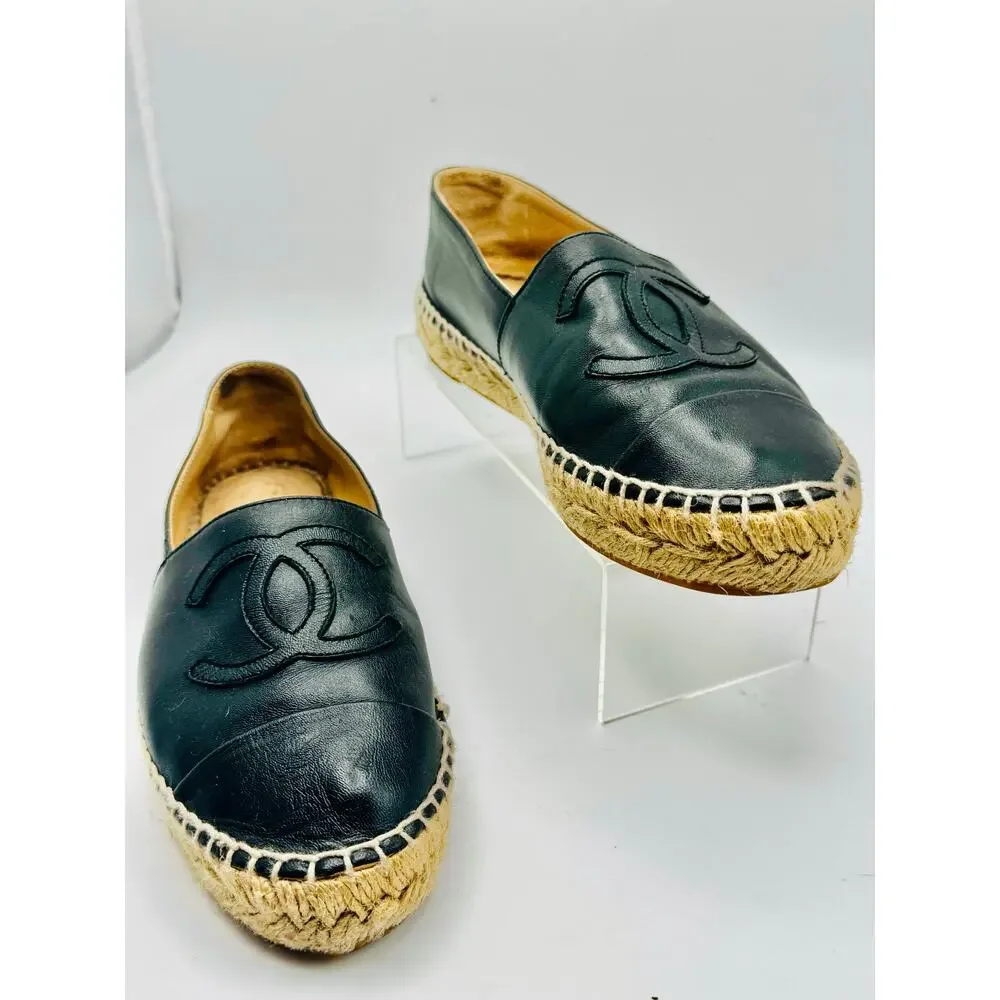 Chanel Black Canvas CC Logo Espadrille Flats Classic EU 35